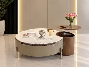 Modern Round Coffee Table Set With a White Marble-Look Top,