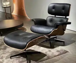 Eames-Style Lounge Chair and Ottoman Black Leather With a Wooden