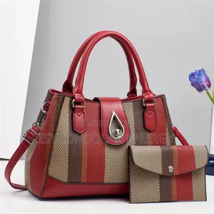 Red and Beige Striped PU Leather Handbag