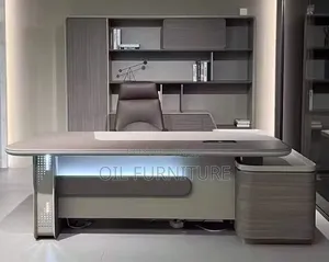 ​Modern Executive LED Office Desk With Side Cabinet Perforated Accent