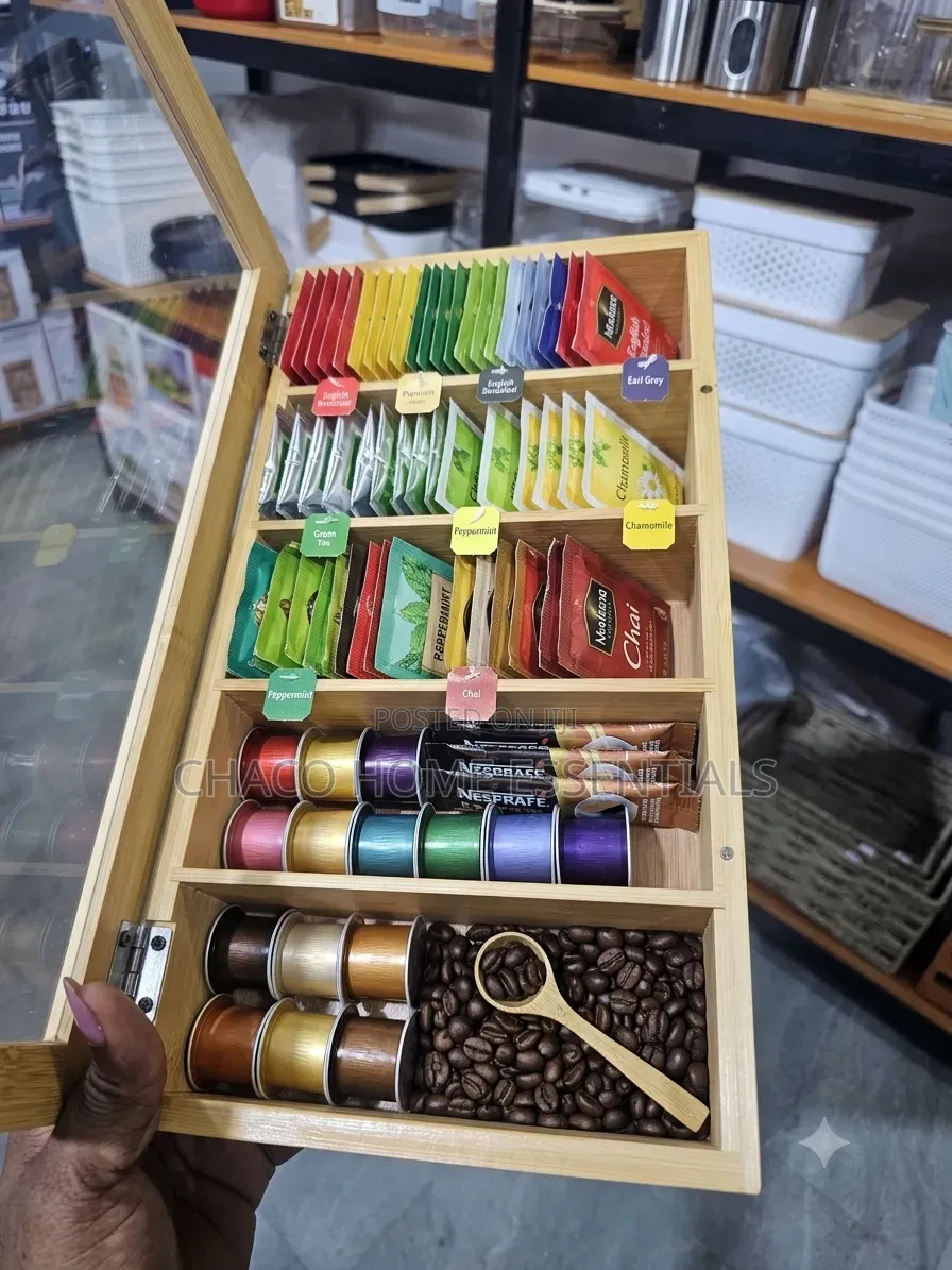 6 Compartments Bamboo Storage Organizer for Tea, Coffee, Spices