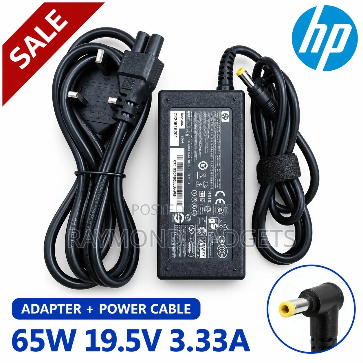 HP 65W 19.5V 3.33A Small Tip Laptop Power Adapter + Power Cable