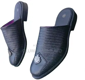 Men's Black Leather Half Shoe Mules - Woven Design