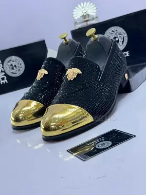 Versace Men's Black, Blue and White Shoes With Gold Accent-Fully Boxed