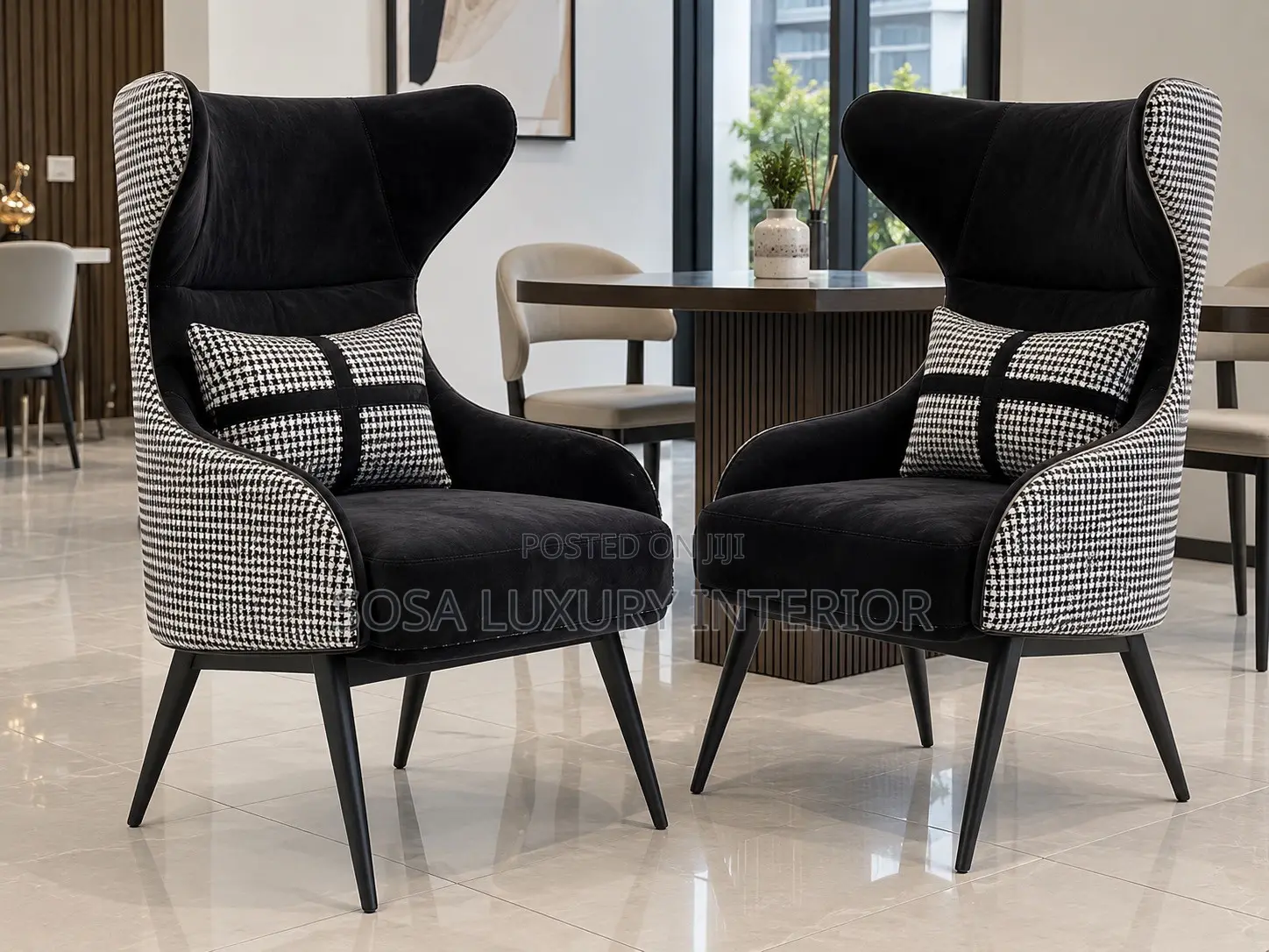Premium Imported Black and White Houndstooth Accent Chairs