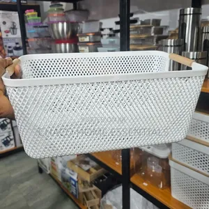 White Multipurpose Mesh Storage Basket With Wooden Handles