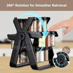 360° Rotating Spice Rack With Glass Jars Black Kitchen Spice Organizer