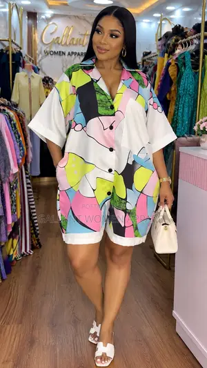 Women’s Luxury Printed Shirt Dress Shorts 2-Piece Set –