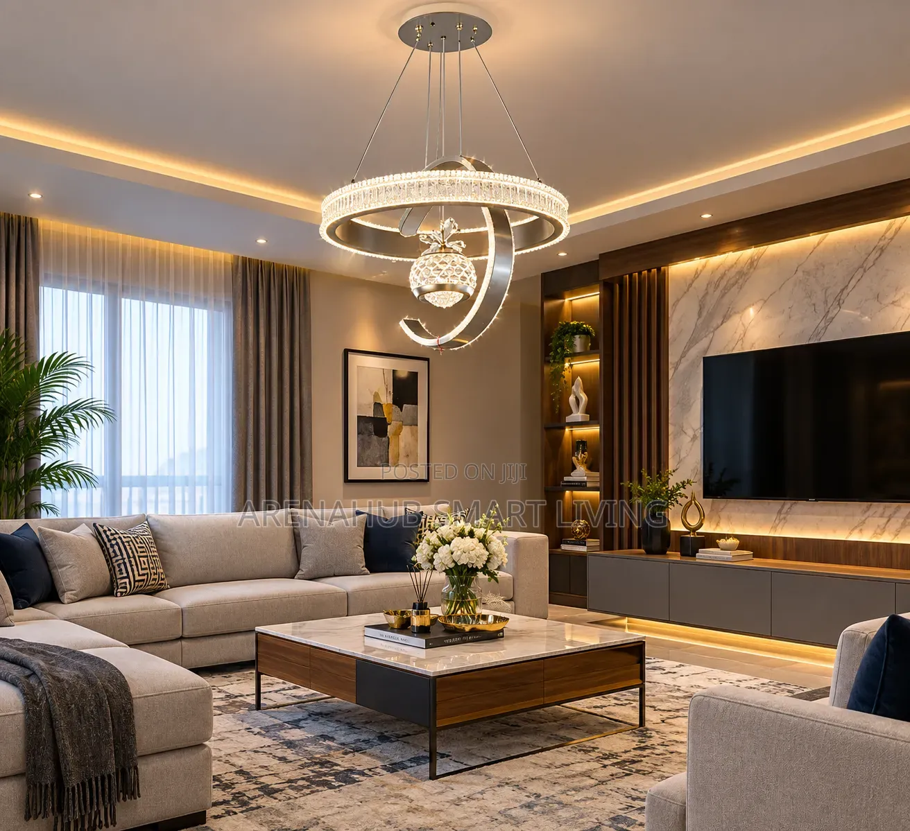 Modern LED Crystal Chandelier 2 Rings Dimmable Pendant Light 3 Color