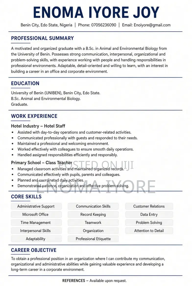 Office Receptionist (With Accommodation - Female