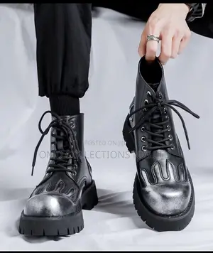 Men’s Black Leather Flame Detail Lace-Up Boots – Fully Boxed