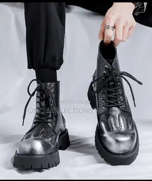 Men’s Black Leather Flame Detail Lace-Up Boots – Fully Boxed