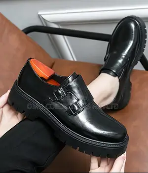 Men’s Glossy Black Leather Double-Strap Sole Loafers – Fully Boxed