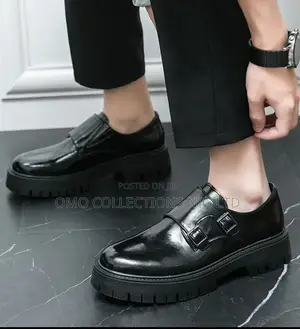 Men’s Glossy Black Leather Double-Strap Sole Loafers – Fully Boxed