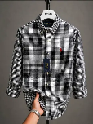 Men’s Blue White Checkered Long-Sleeve Shirt