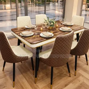 Luxury 6-Seater Marble Dining Table Set - Brown Cream Quilted Chairs