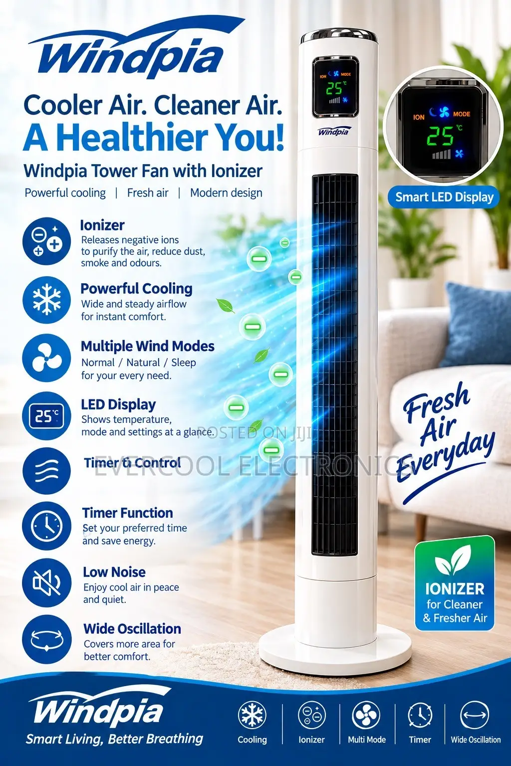 46” Windpia Oscillating Tower Fan With Ionizer