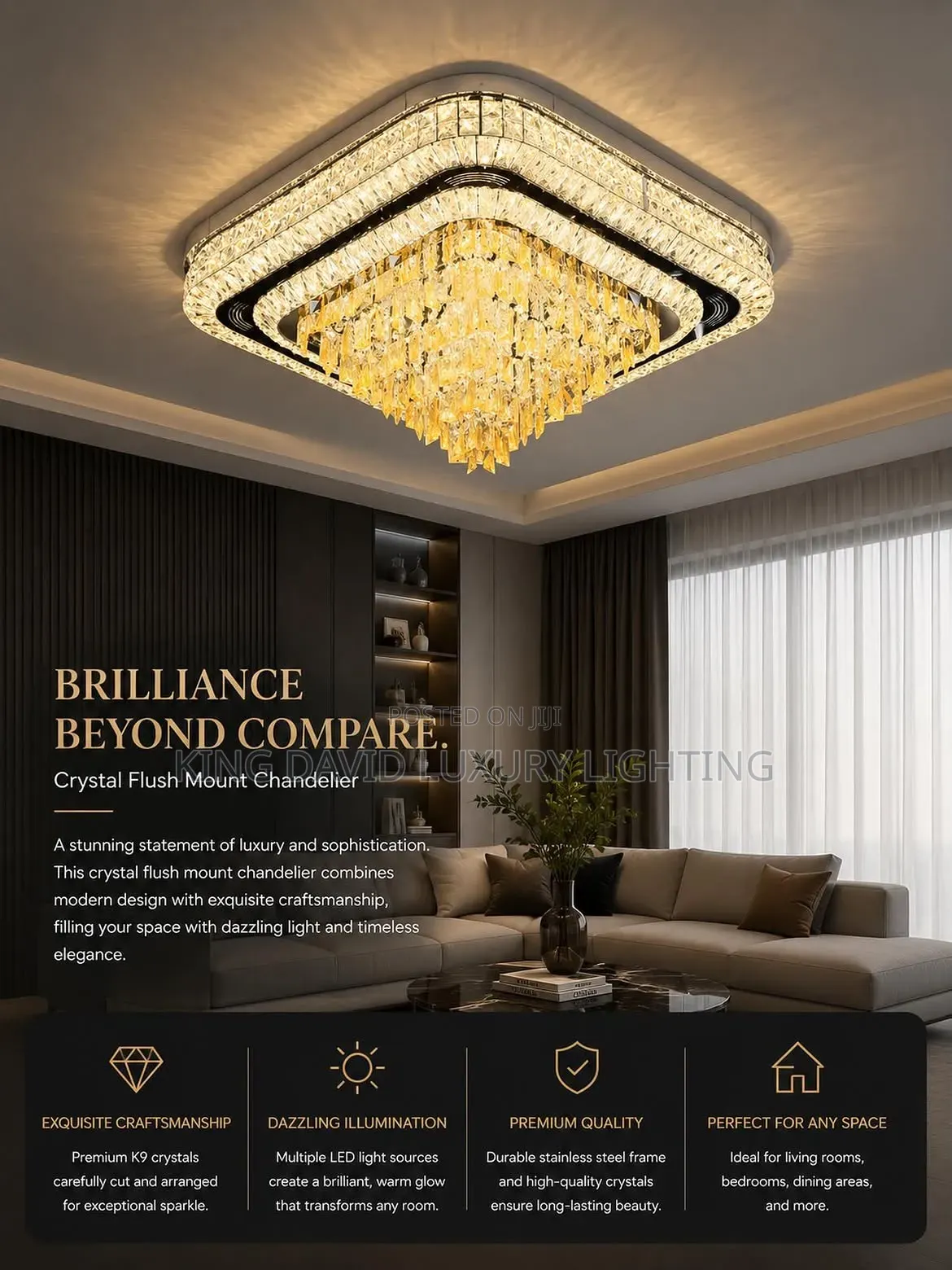 Tiered Square Crystal Flush Mount Chandelier