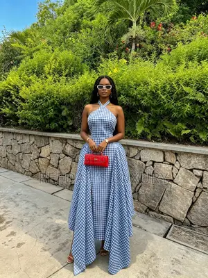Blue Gingham Halter Midi Dress
