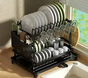 2-Tier Dish Drying Rack With Cutlery Holder Auto-Drainboard