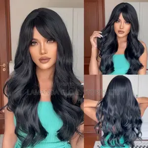 Long Black Wavy Wig With Curtain Bangs