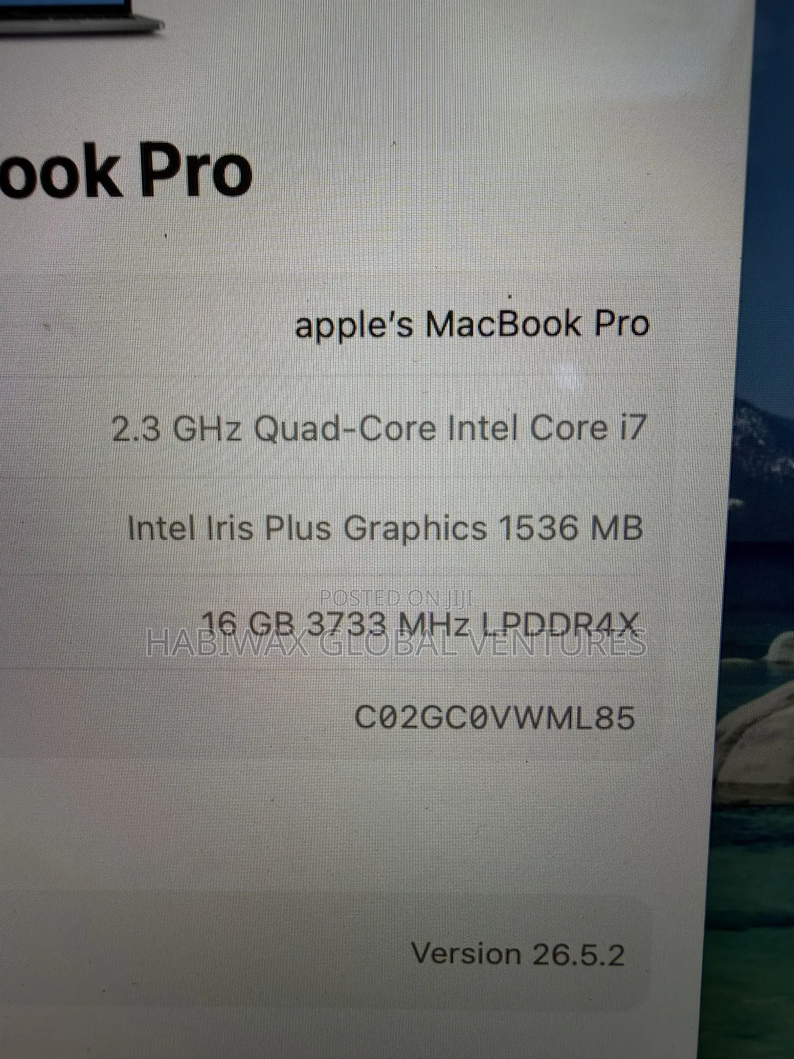 Laptop Apple MacBook Pro 2020 16GB Intel Core i7 SSD 512GB