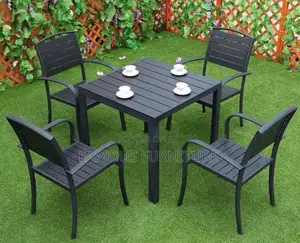 Sleek Black Outdoor Dining Set of Square Slatted Table Chairs