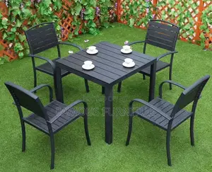 Sleek Black Outdoor Dining Set of Square Slatted Table Chairs