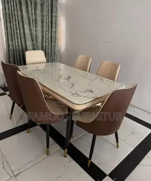 Modern 6seater Rectangular Dining Set With White Marble Top Upholstere