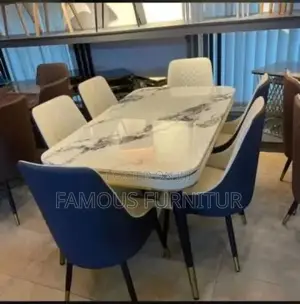 Modern 6seater Rectangular Dining Set With White Marble Top Upholstere