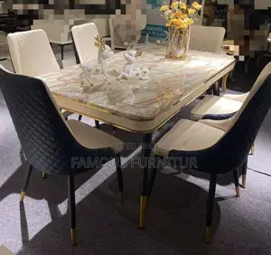 Modern 6seater Rectangular Dining Set With White Marble Top Upholstere