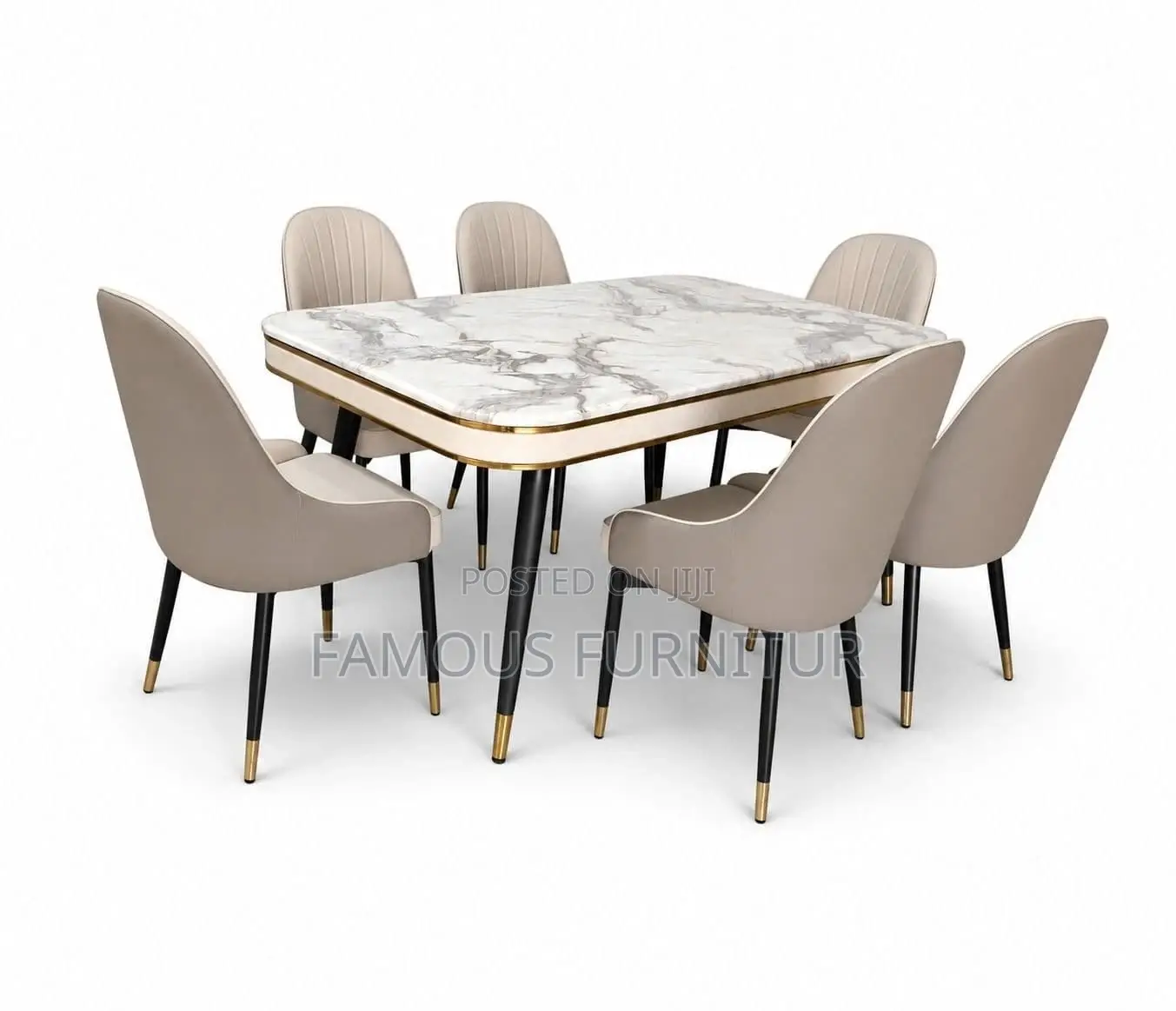 Modern 6seater Rectangular Dining Set With White Marble Top Upholstere