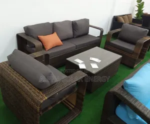 Brown Woven Rattan Sofa and Chair Set With Dark Grey Cushions