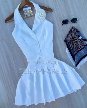 Elegant White Blazer Mini Dress - Sleeveless Halter Pleated Dress`