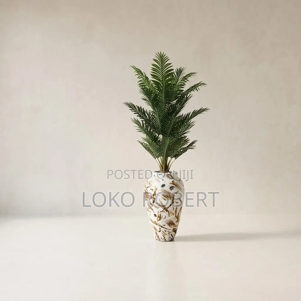 Large Artificial Flower Palm Tree in Gold Ceramic Floor Vase Decor