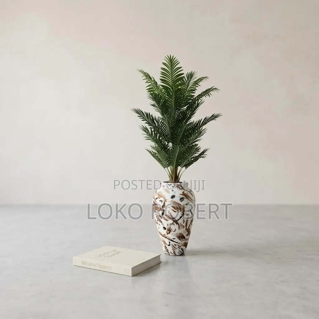Large Artificial Flower Palm Tree in Gold Ceramic Floor Vase Decor