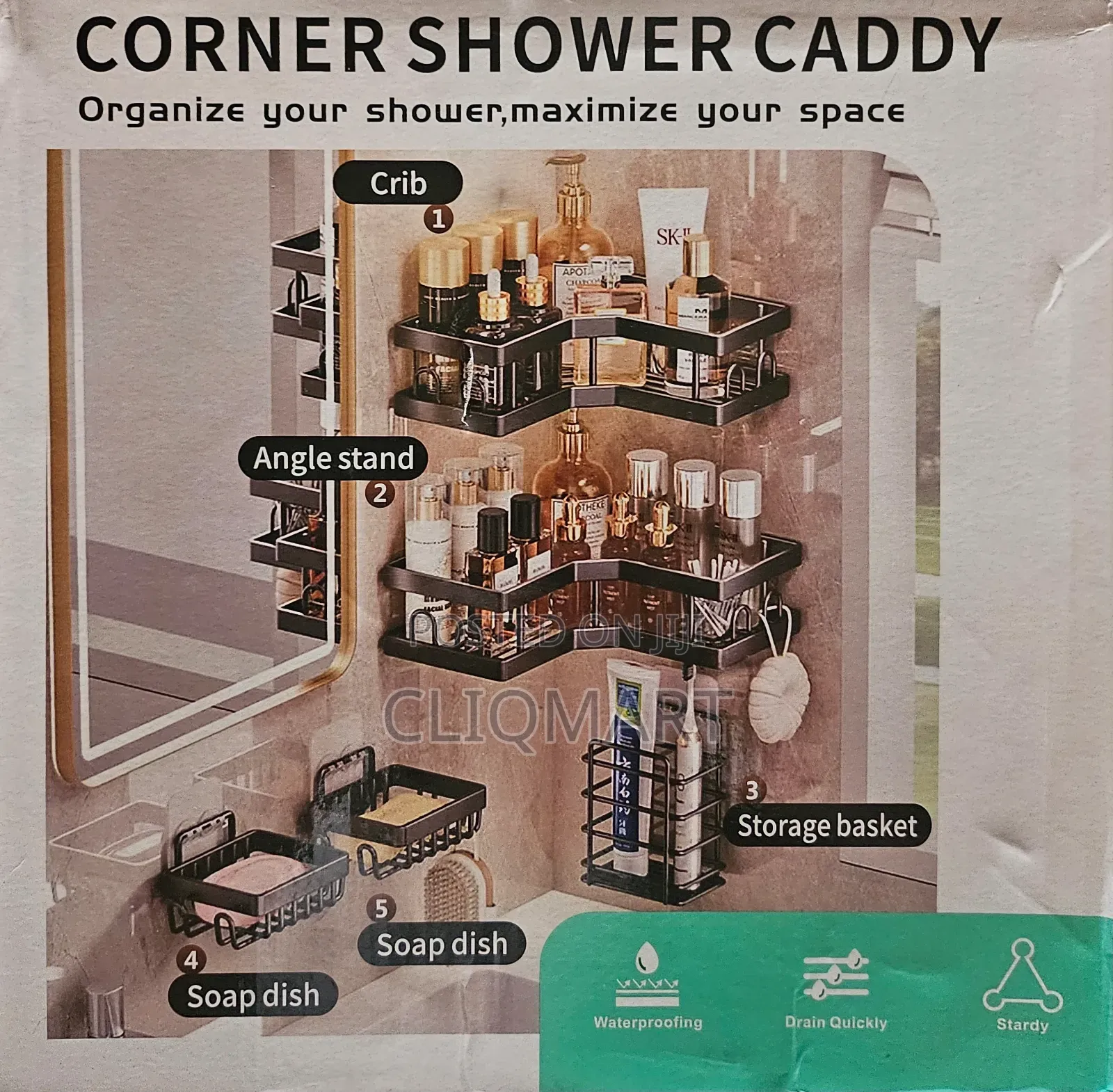 5-in-1 Black Shower Caddy – Corner Wall Mount Storage Rack Set