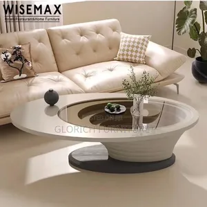 Mixed-Material Coffee Side Table Set – Wood, Stone Smoked Glass