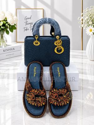 Navy Blue Snake Lady Bag + 2 Options of Beaded/Studded Slides Set