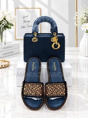 Navy Blue Snake Lady Bag + 2 Options of Beaded/Studded Slides Set