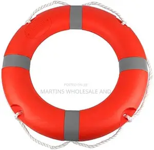 Red Marine Life Ring Buoy Featuring White Grab Lines and Reflective