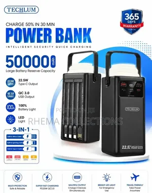50,000mAh Techlum Power Bank – Fast Charging | 3-in-1 Built-in Cables
