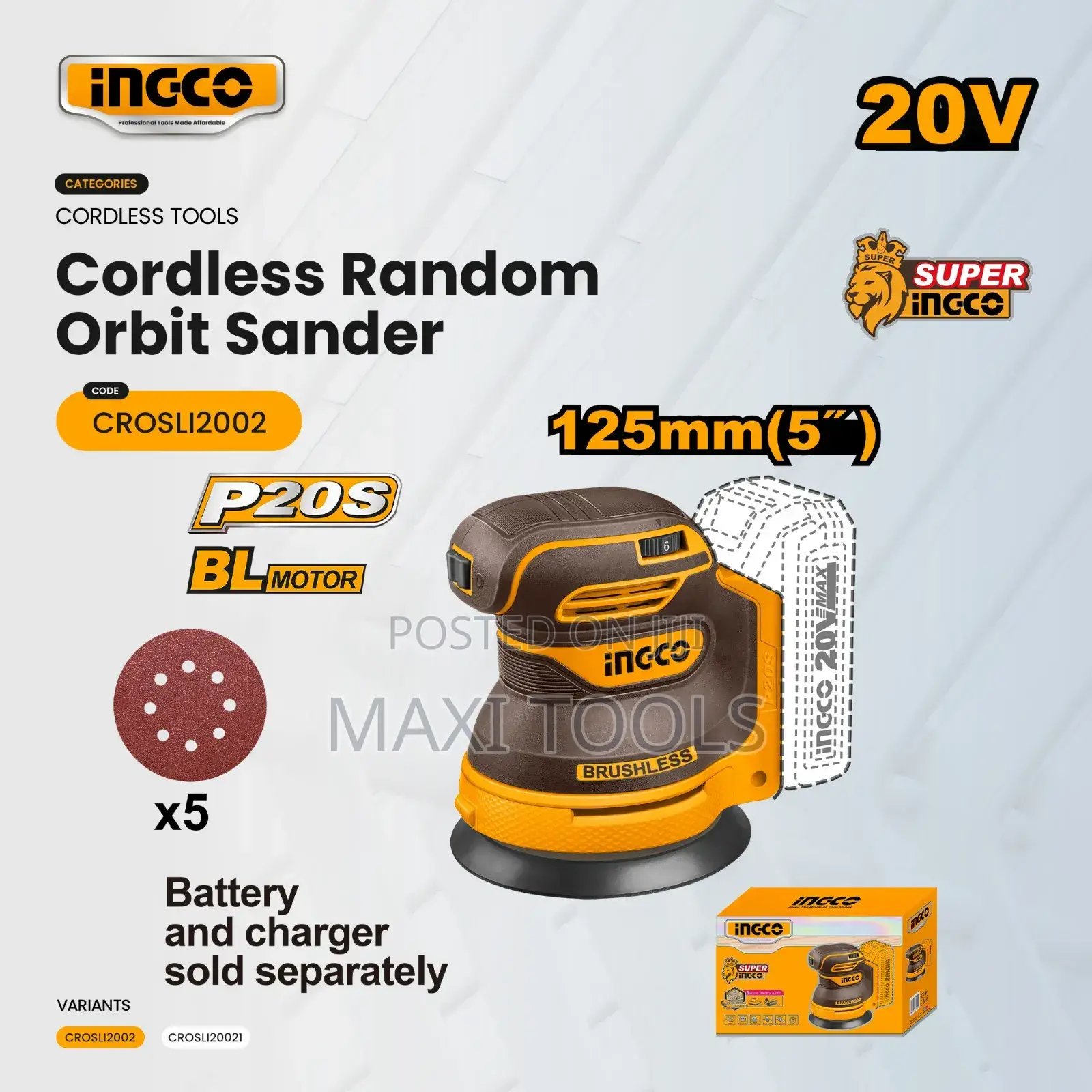 Ingco 20V Cordless Random Orbit Sander (Model:CROSLI2002)brushless