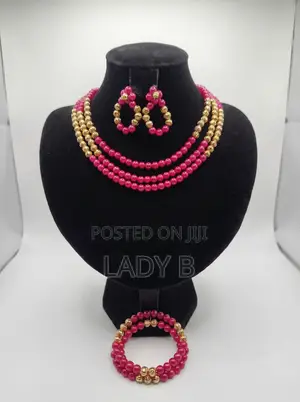 Pink and Gold Beaded Layered Necklace, Earrings and Bracelet Set