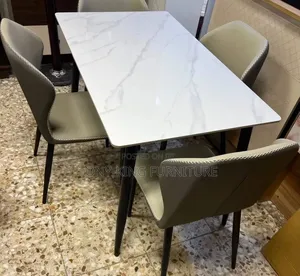 Modern Rectangular White Marble-Top Dining Table Set.