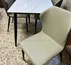 Modern Rectangular White Marble-Top Dining Table Set.