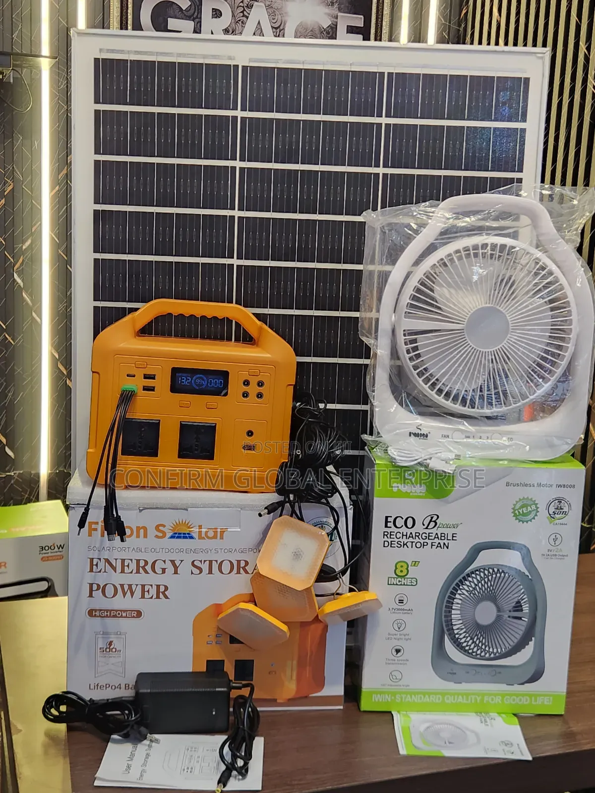 500W Solar Generator Complete Package – 100W Panel, 4 Bulbs Free Fan