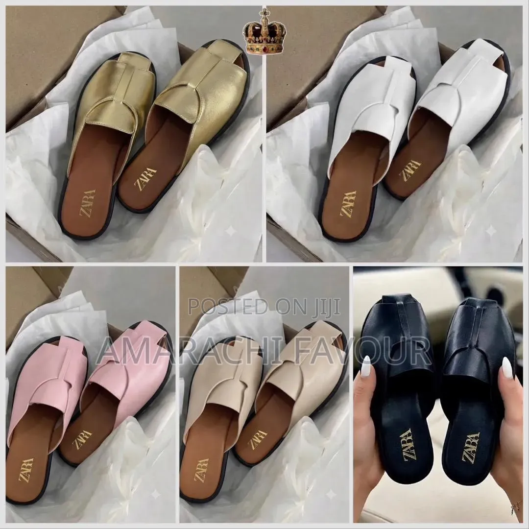 ZARA Minimalist Flat Slide Sandals - Black White Gold Pink Nude
