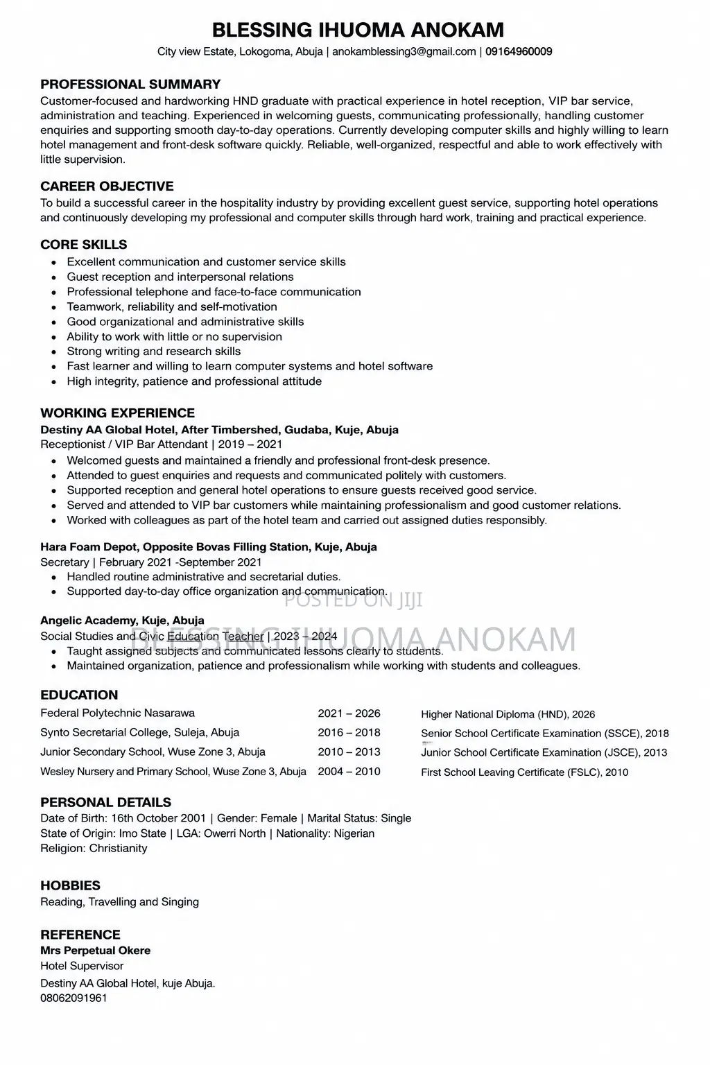 Hotel Receptionist