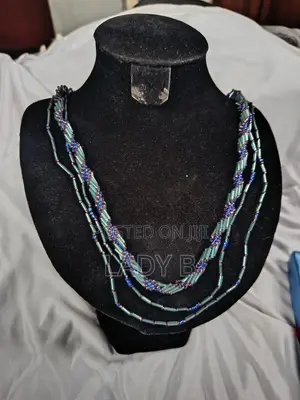 Multi-Strand Blue and Teal Bugle Bead Statement Necklace